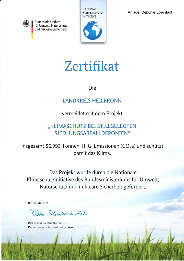 Klimaschutzzertifikat für die Deponie Eberstadt