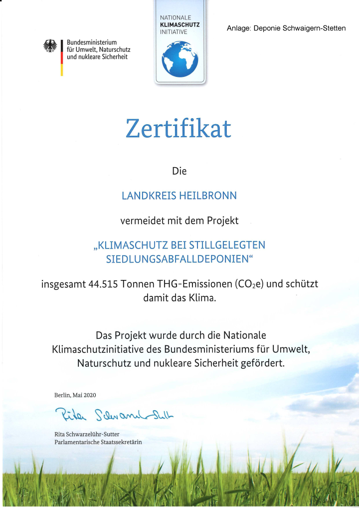Klimaschutzzertifikat der Deponie Schwaigern-Stetten