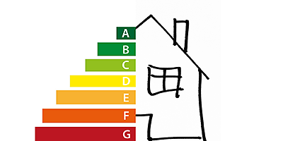 Die Zeichnung eines Hauses mit bunten Balken, die die Energieeffizienzklassen A bis G darstellen.