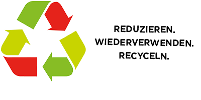 Ein Recyclingsymbol, daneben die Wörter: "Reduzieren. Wiederverwenden. Recyceln."