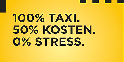 Ein Slogan des Fiftyfifty Taxis in schwarzer Schrift auf gelbem Hintergrund. Der Text lautet: 100% Taxi. 50% Kosten. 0%Stress.